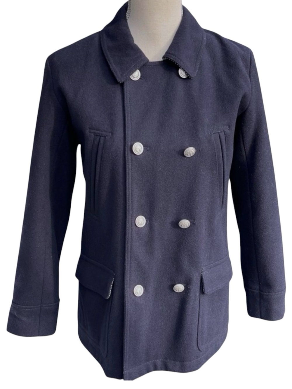 Petit Bateau (France) Dark Blue Wool Double-Breasted Jacket Coat (12)
